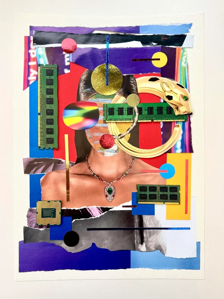 A figure with a gold disc for a head and a gold panther clasp, a holographic ellipse and memory modules across the chest