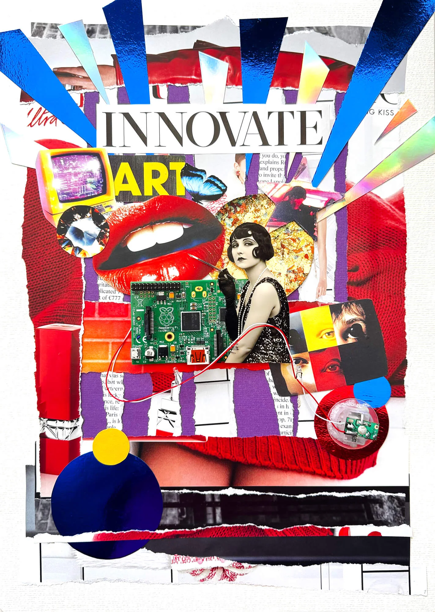A seated figure on a magazine cover reading INNOVATE ART, with a circuit board, red lips and strips of blue foil