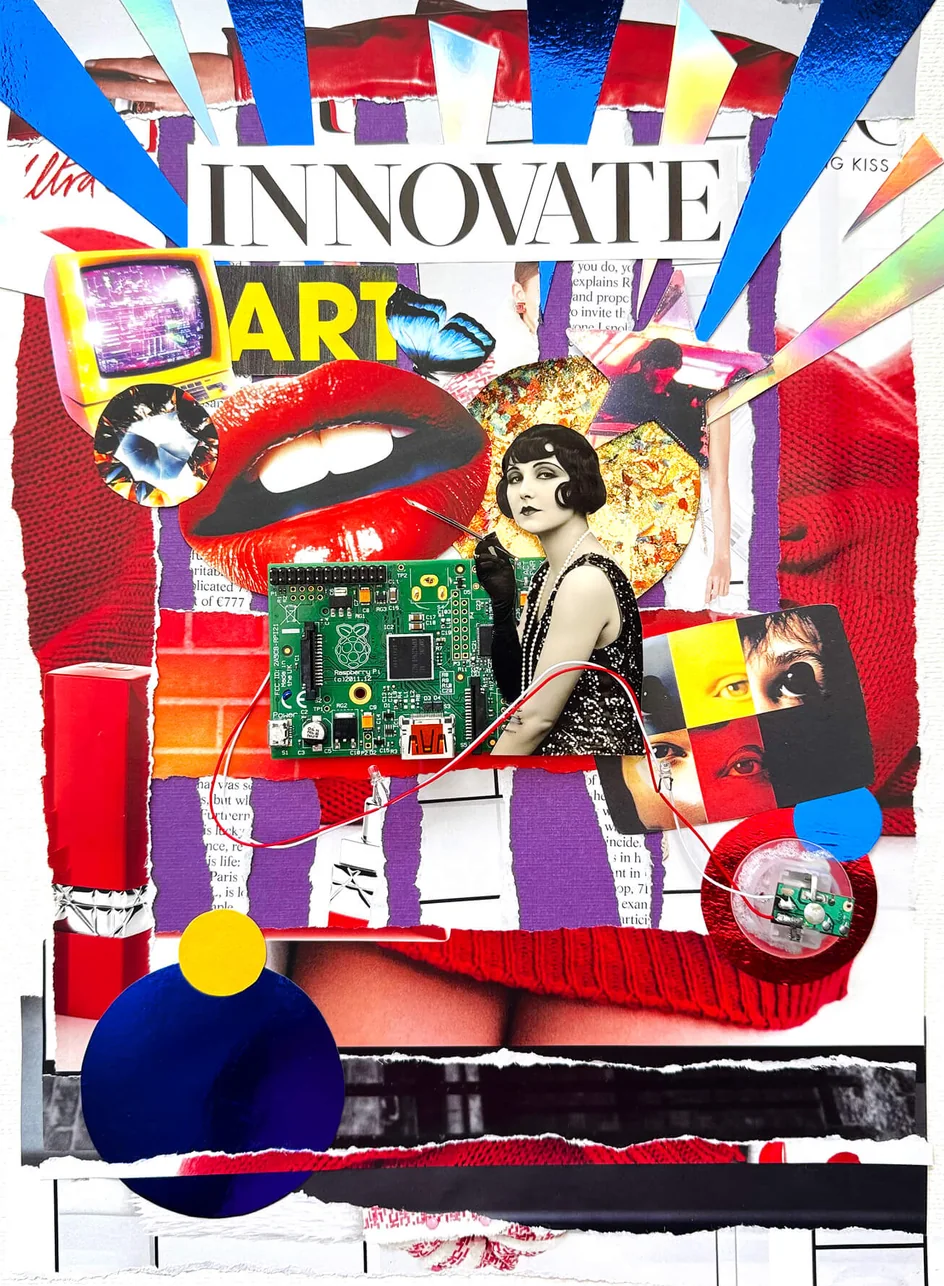 A seated figure on a magazine cover reading INNOVATE ART, with a circuit board, red lips and strips of blue foil
