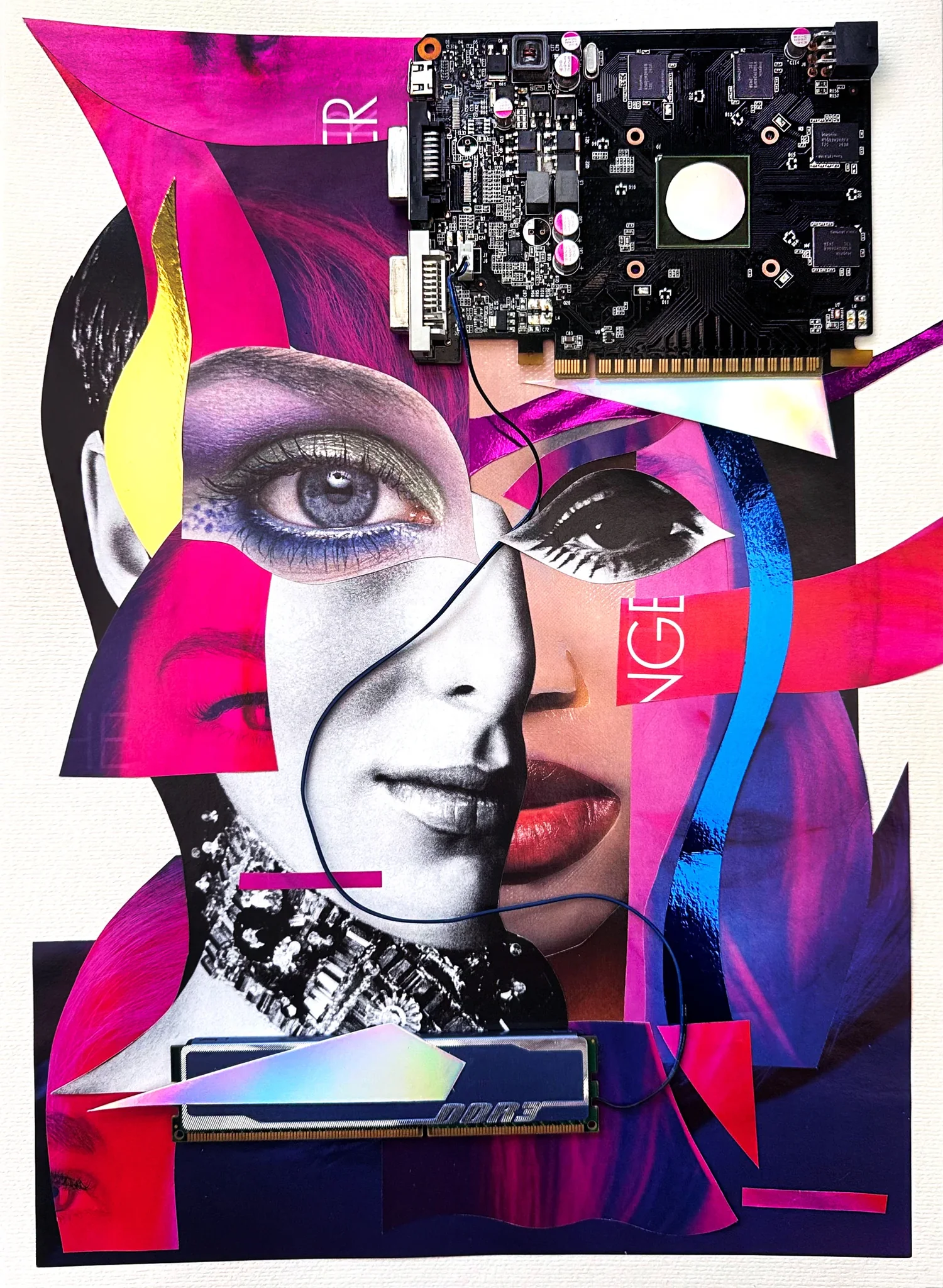 A woman's face broken into fragments among magenta and blue shards, a graphics card at the top right