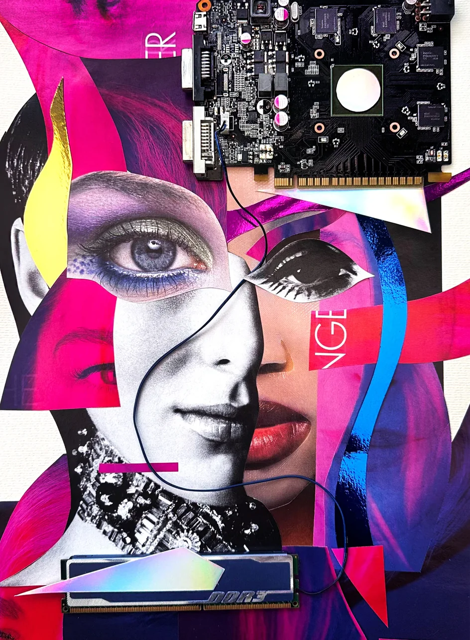 A woman's face broken into fragments among magenta and blue shards, a graphics card at the top right