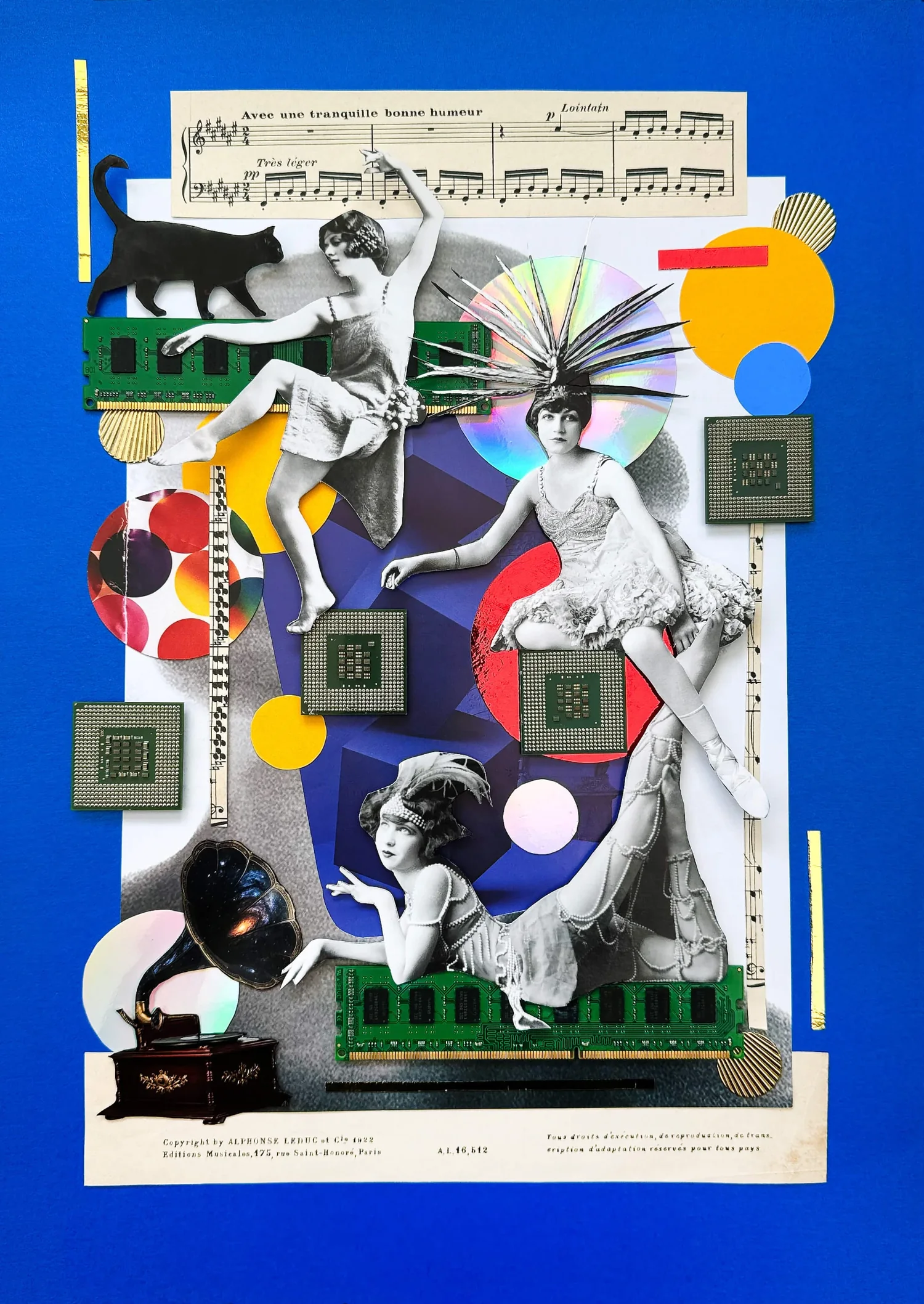 Dancers and a black cat over sheet music on a blue ground, with memory modules, processor chips and a gramophone