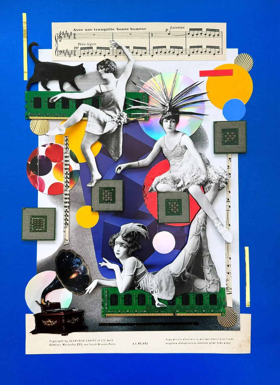 Dancers and a black cat over sheet music on a blue ground, with memory modules, processor chips and a gramophone