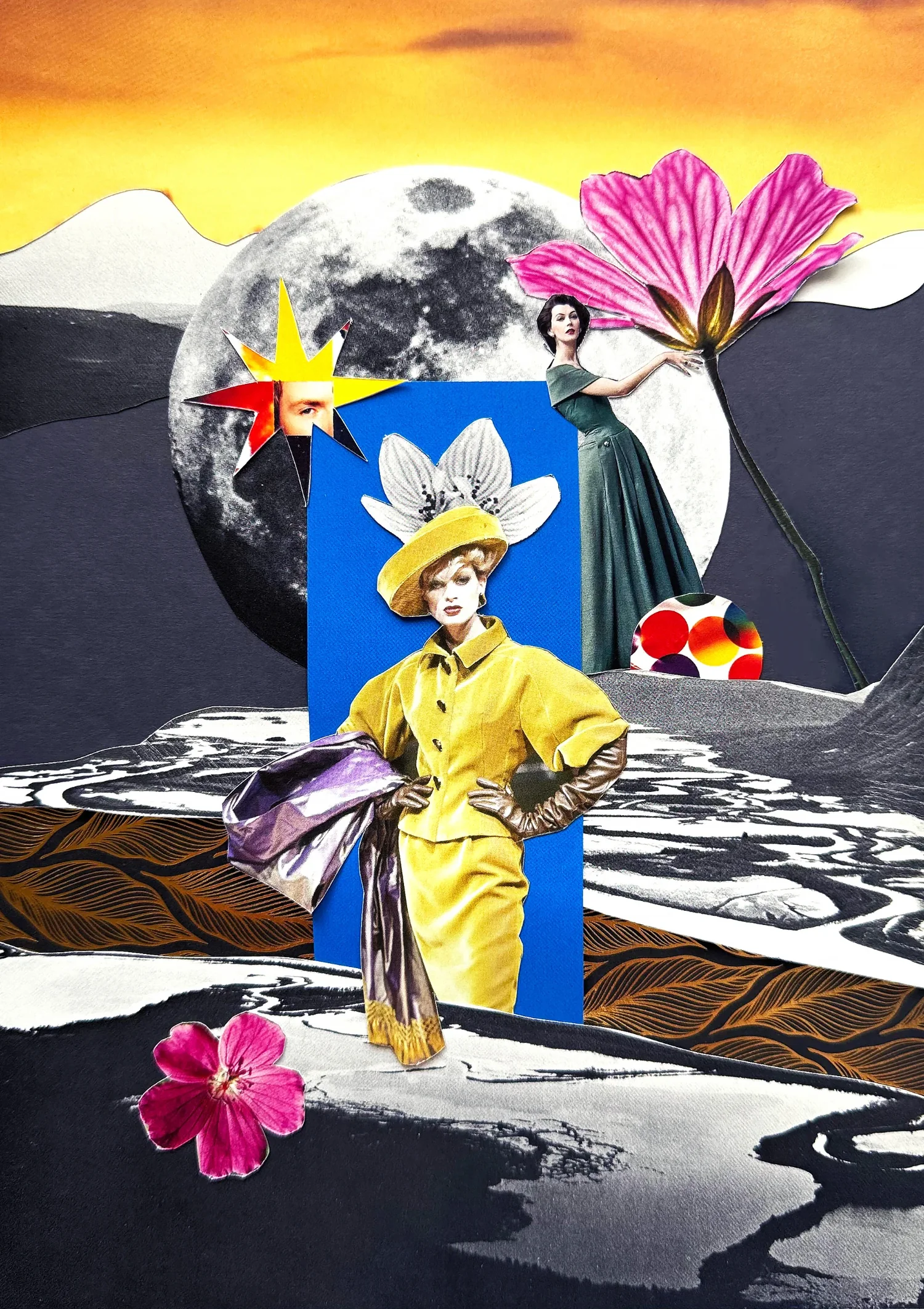 A figure in a yellow coat and a petal hat before a full moon, with pink blooms over a monochrome landscape