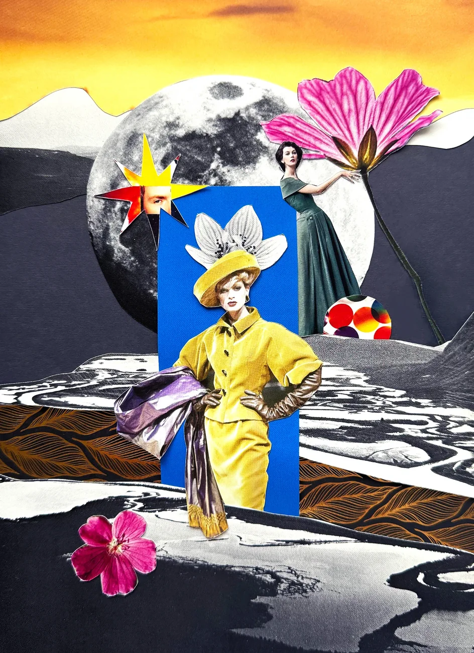 A figure in a yellow coat and a petal hat before a full moon, with pink blooms over a monochrome landscape