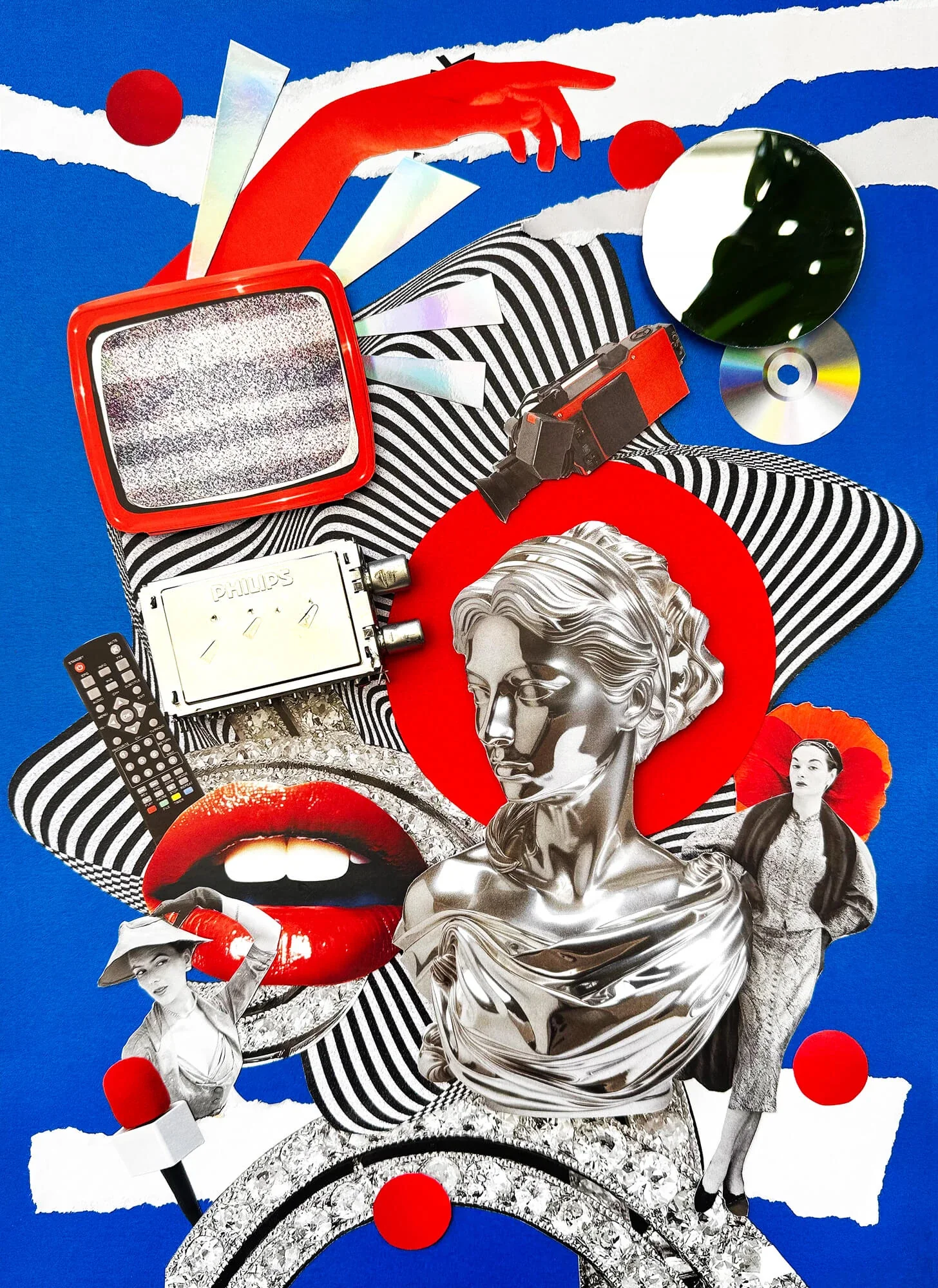 A silver classical bust ringed in red, with red lips, a retro television, a compact disc and striped forms, on a blue ground