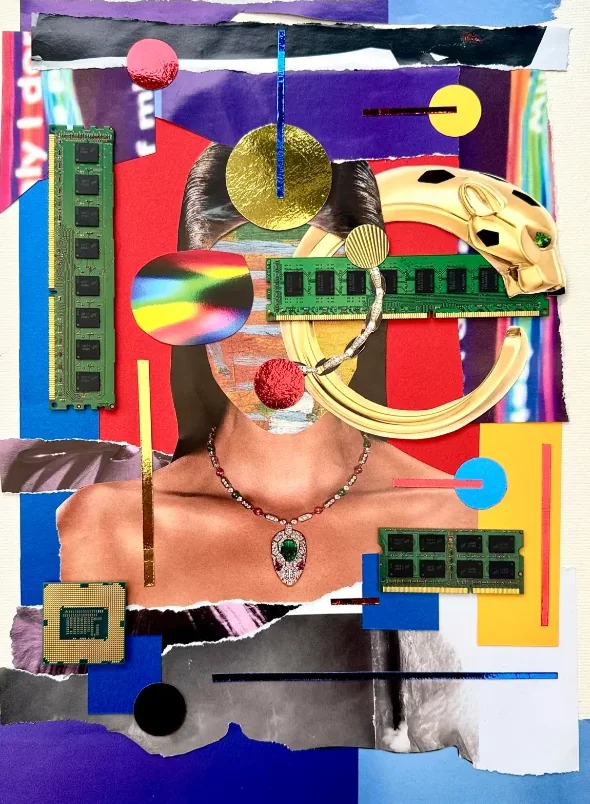 A figure with a gold disc for a head and a gold panther clasp, a holographic ellipse and memory modules across the chest