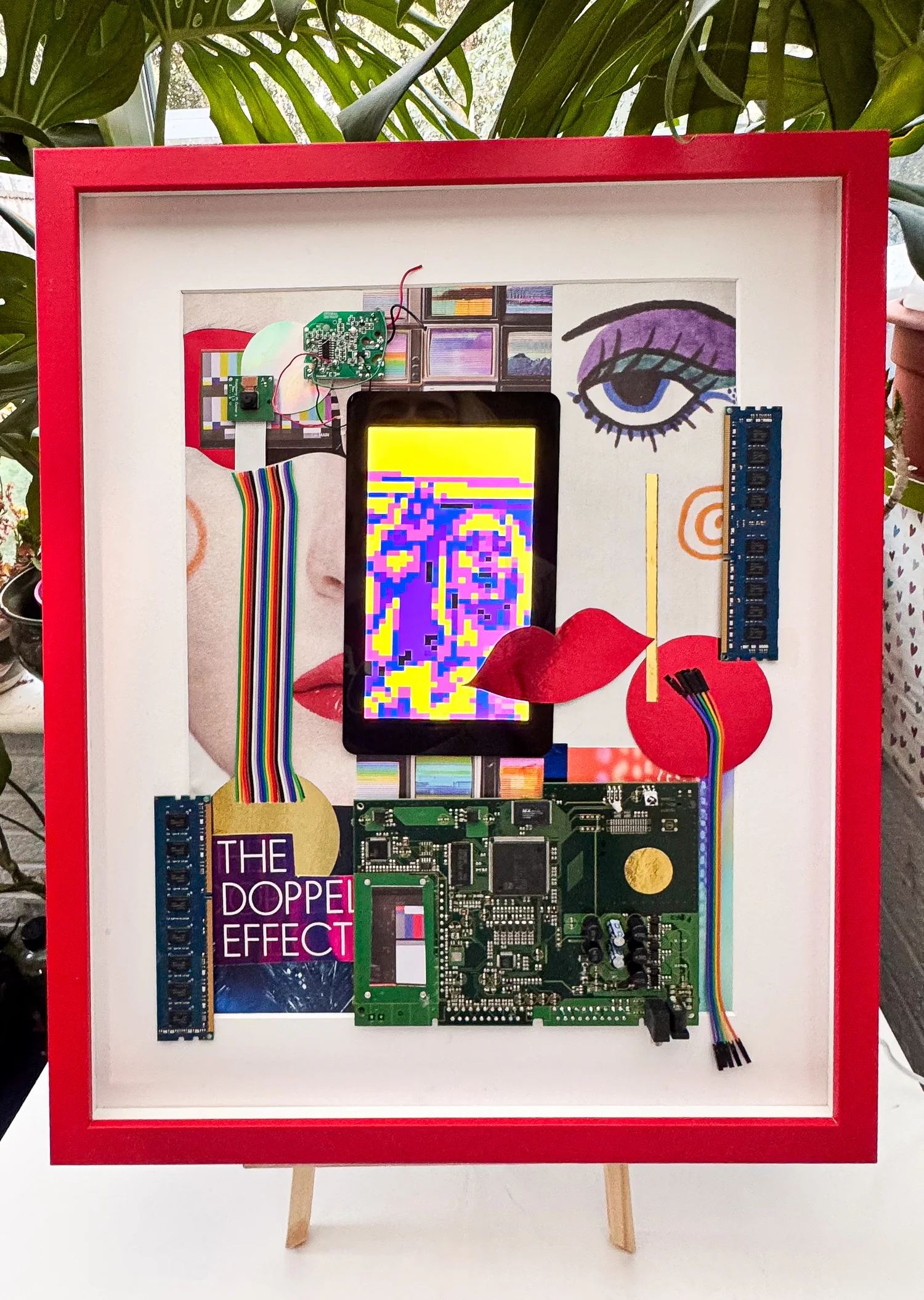 A framed assemblage on an easel: a screen showing a pixelated portrait among circuit boards, eyes and red lips, in a red box frame