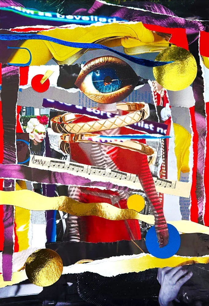 A large eye among gold and yellow forms, newsprint, a coiled snake and fragments of sheet music