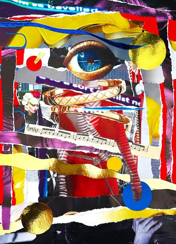 A large eye among gold and yellow forms, newsprint, a coiled snake and fragments of sheet music