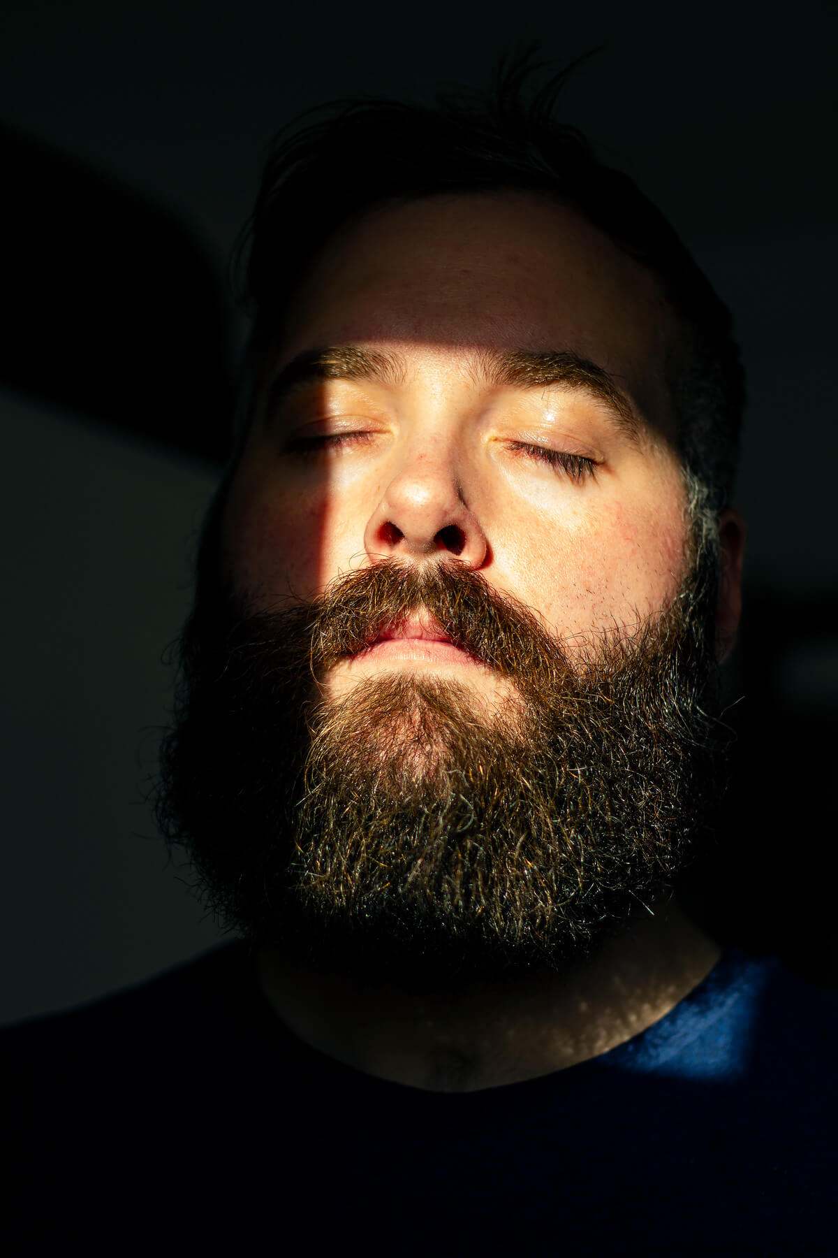 Low-key portrait of a bearded man, eyes closed