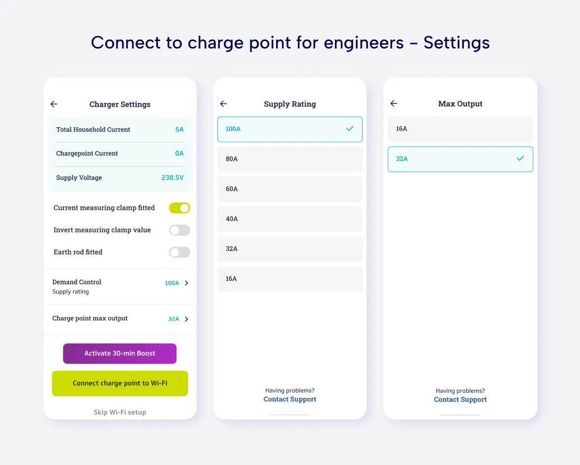 connect to charge point for engineers UI screens