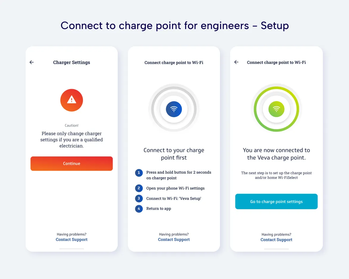 connect to charge point for engineers UI screens