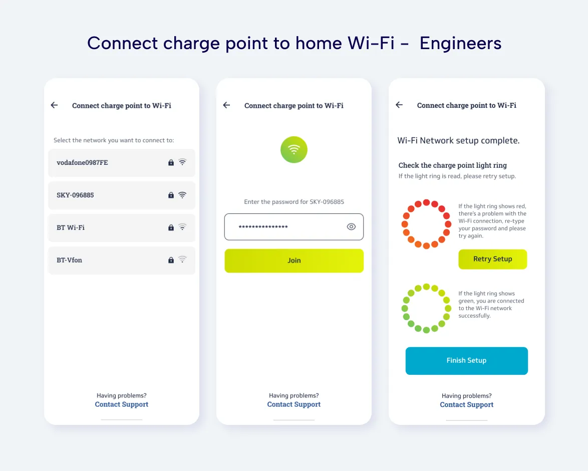 connect to charge point for engineers UI screens