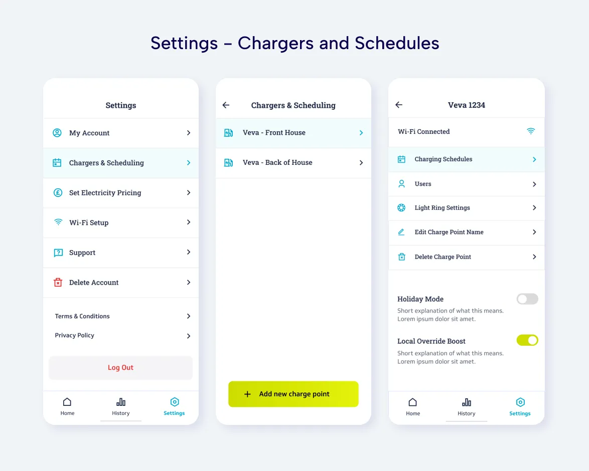 charger settings UI screens
