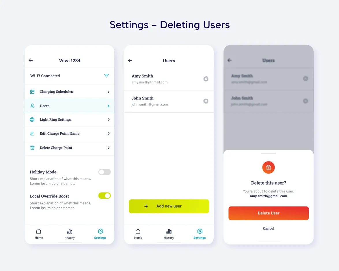 charger settings UI screens