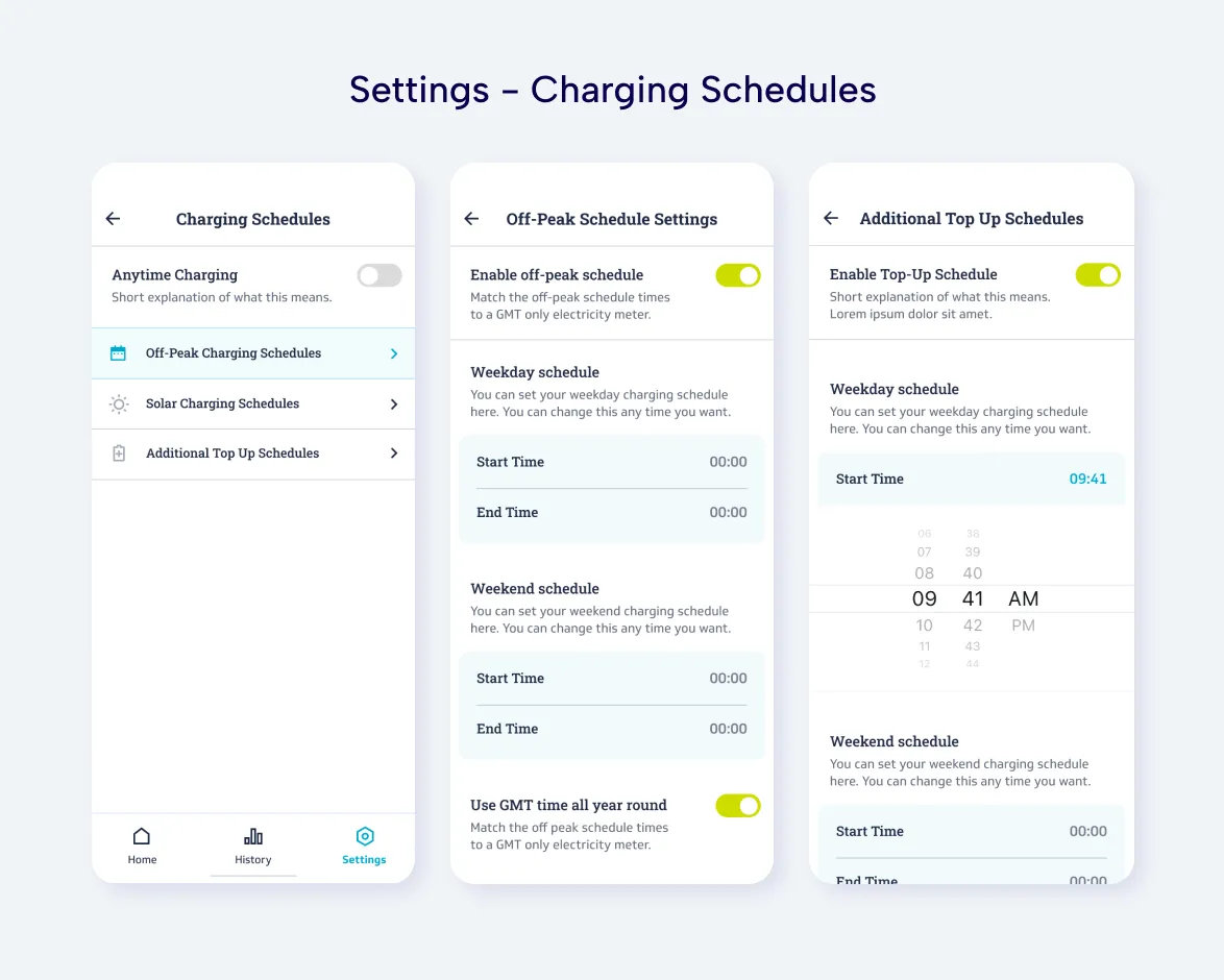 charger settings UI screens
