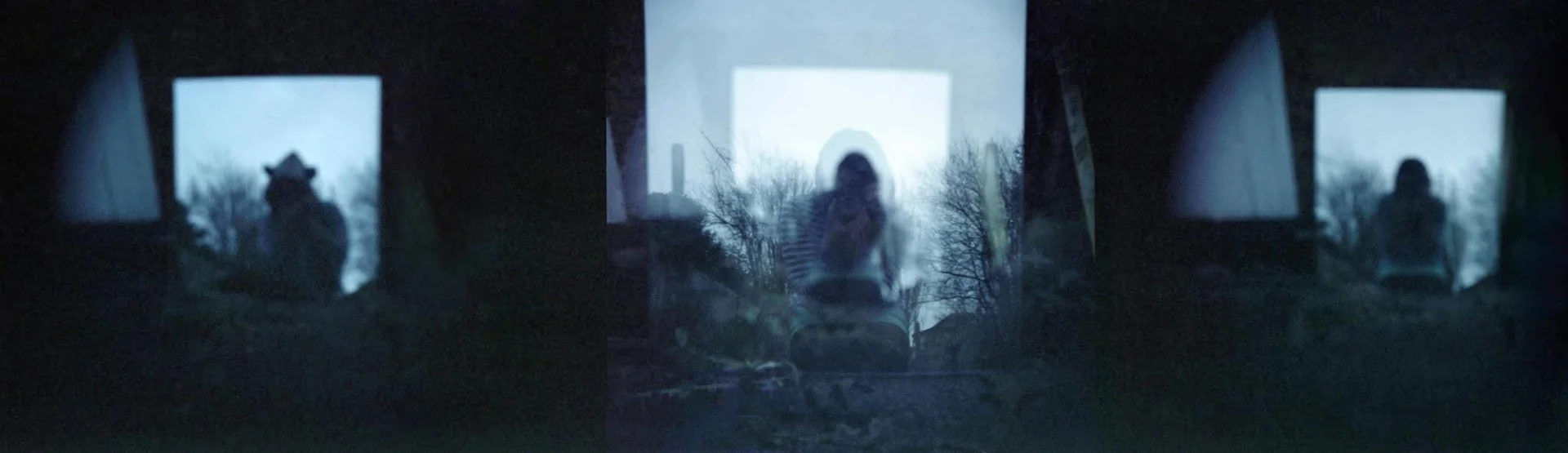 A figure holding a camera, seen three times, each framed in a lit doorway at dusk